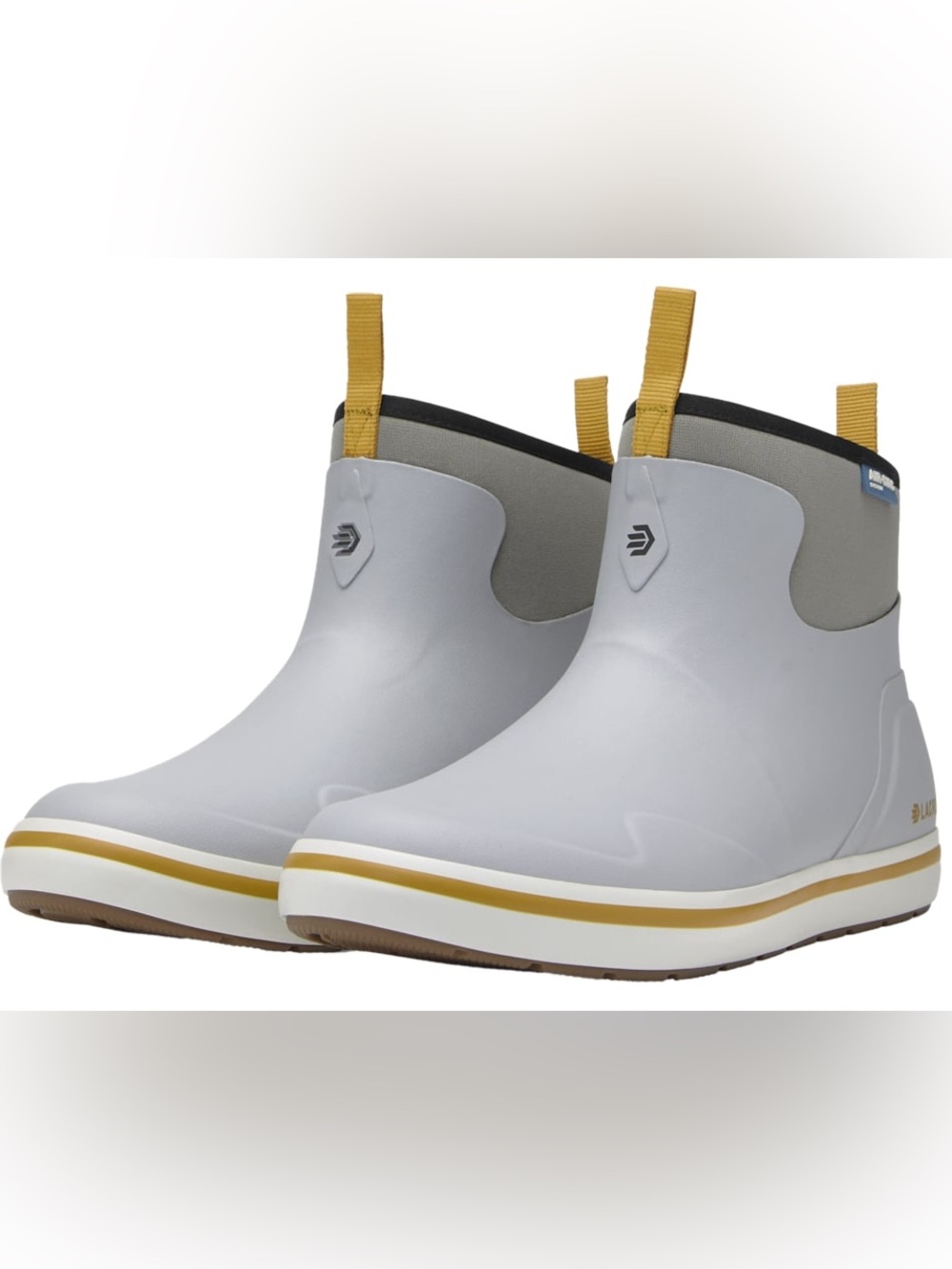 LaCrosse Women's Alpha Deck Short Rain Boots in Light Gray and Mustard
